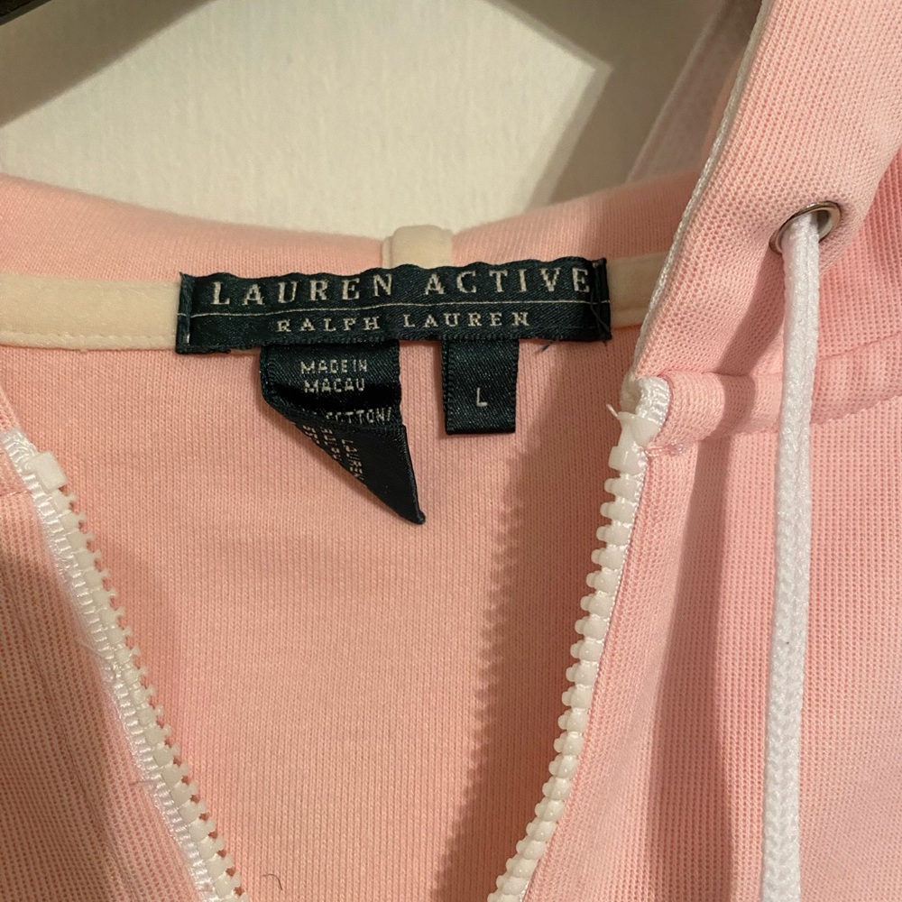 Ralph Lauren Light Pink  and White Zip-Up Hoodie, Logo on Chest, Long Sleeve (L) - Picture 4 of 6